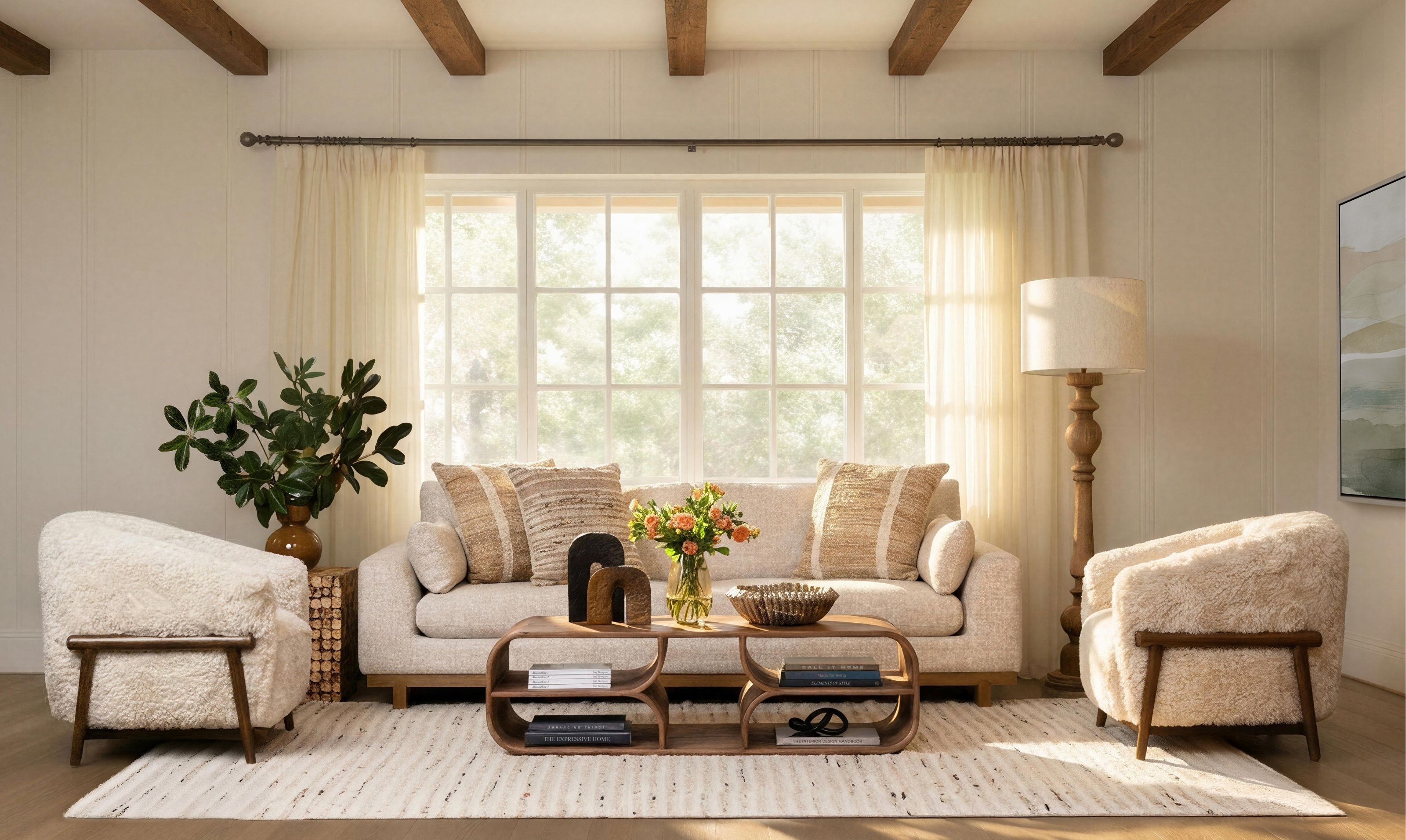 Tonal living room design featuring curved upholstered seating, layered neutral textures, and warm wood accents designed for a refined, inviting space.