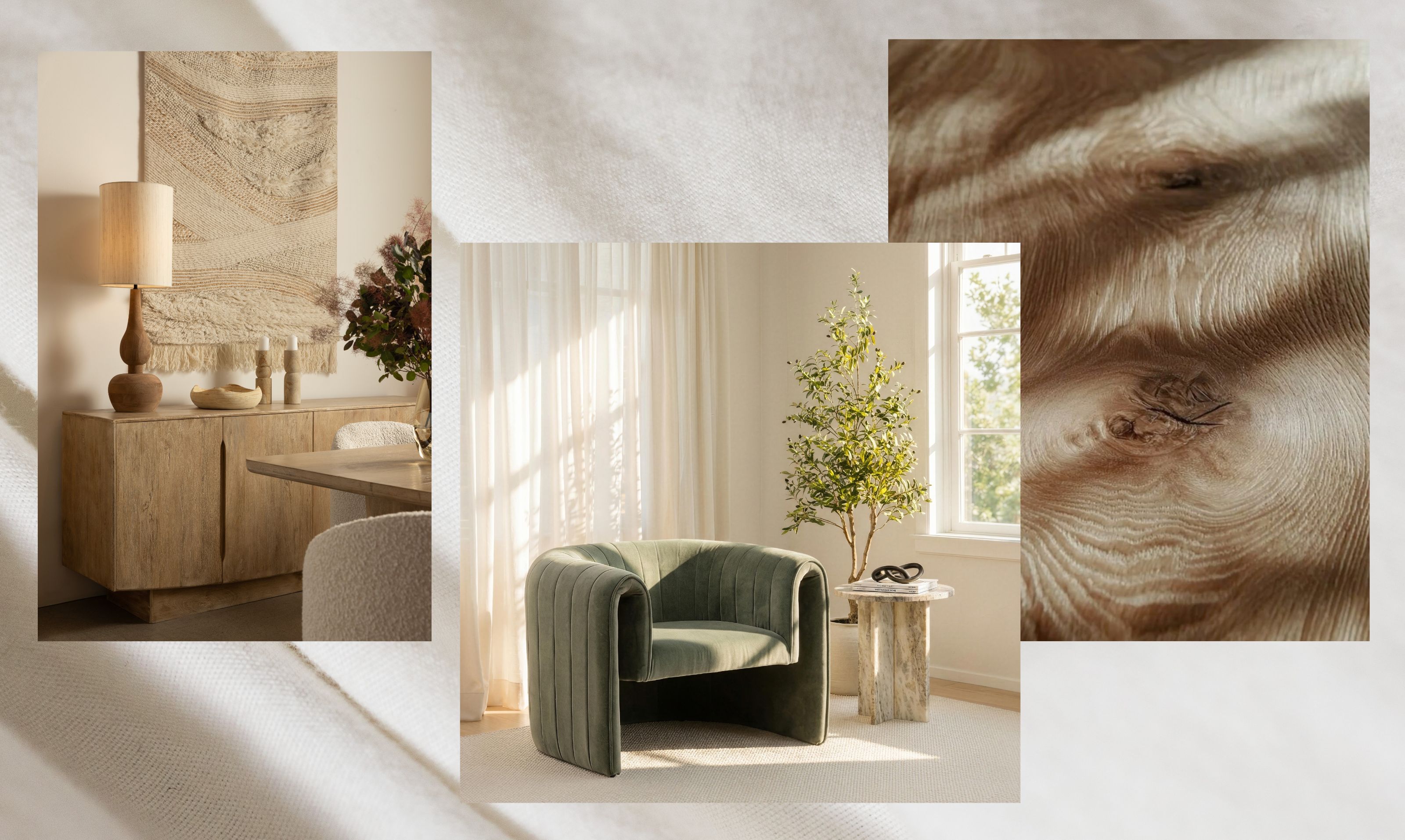 Design moodboard showcasing warm clay tones, natural stone textures, tonal upholstery, and Pantone’s 2026 Color of the Year, Cloud Dancer as a grounding neutral.